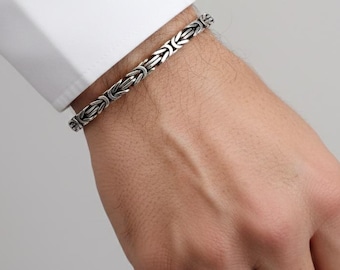 925 Sterling Silver 4 mm Oxidized Square King Bracelet for Men, Byzantine Bali Chain Bracelet