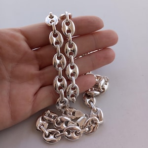 VERY Fashion! 12 mm, 925 Sterling Silver Mariner Necklace, Puffed Anchor, Hollow Chain Pendant, Gift for Women and Men, Unisex Jewelry