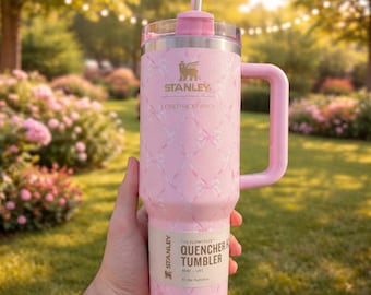 Stanley LoveShackFancy Inspired 40oz Quencher Tumbler with Handle, Pink Bow Floral Pattern, Insulated Travel Cup Gift for Couples