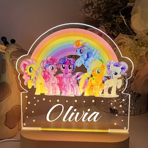Personalised Little Pony rainbow Night Light |Custom Name | birthday gift | Kid nursery room| table lamp|Wooden light