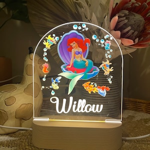 Personalised Ariel Mermaid Night Light |Custom Name | birthday gift | Kid nursery room| table lamp|Wooden light