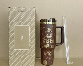 Stanley Tumbler Special Gift Custom Lilo & Stitch Stanley Tumbler 40oz Laser Engraved Water Bottle Brown
