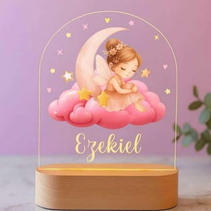 Personalized Girl on Moon Night Light | Custom Name, Wooden Base