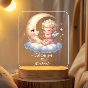 Personalised  Cute  Angel and moon and Flowers Night Light |Custom Name | birthday gift | Kid nursery room| table lamp|Wooden light