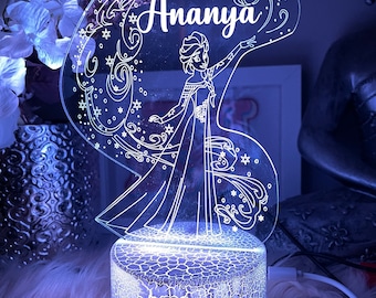 La reine des neiges Elsa personnalisée | Lampe de table | Télécommande 16 couleurs | Cadeau d'anniversaire | Déco chambre d'enfant | Cadeau unique | Veilleuse | Lampe LED personnalisée