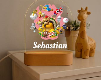 Personalized Mario Night Light | Custom Name, Beech Wood Base