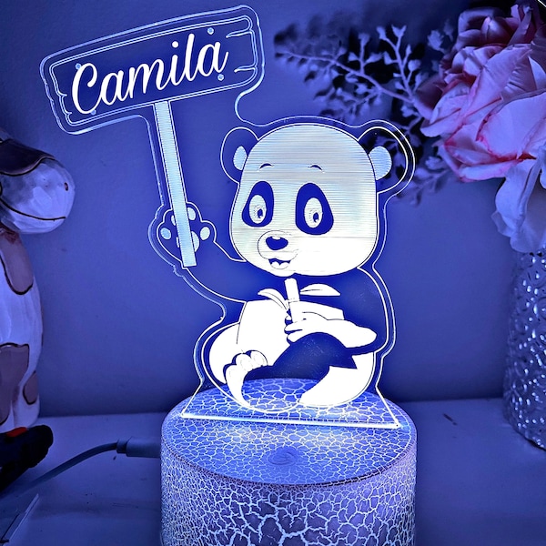 Panda 3D personnalisé | Lampe de table | Télécommande 16 couleurs | Cadeau d'anniversaire | Acrylique | Cadeau pour enfant | Prénom personnalisé