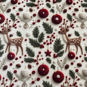 May include: A fabric featuring an embroidered pattern of brown deer with white spots, red spherical ornaments, green holly leaves, small red berries, and red stars on a cream background. The design includes textured white circular accents.