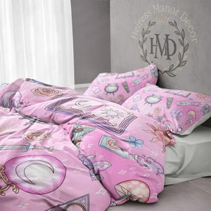 Duvet Cover Set, Pastel Spell Book Bedding, Pink Lilac Cottagecore Witch Bedroom Decor, Mushroom Moon Grimoire Print, Spellcaster Gift