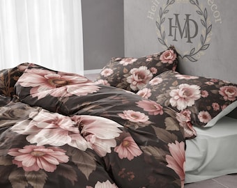 Duvet Cover Set, Moody Dark Rose Bedding, Luxury Bedroom Gift