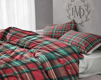 Christmas Gift for Him, Red Green Tartan Check Duvet Cover Set, Classic Scottish Highland Plaid Bedding, Cozy Festive Lodge Bedroom Decor