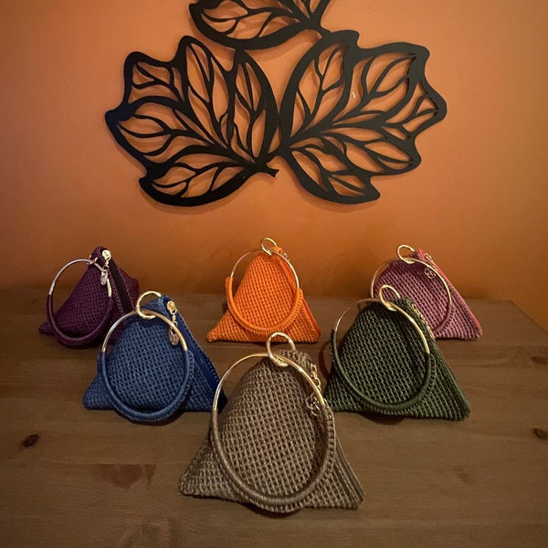 Pyramid triangle crochet handmade purse, small knitted hand bag, hoop handle zipper purse