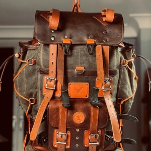 Camping Leather Backpack | Bushcraft Rucksack | Handmade Waxed Canvas Backpack for Travel, Camping, Hunting | 45 Liter | Personalization