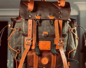 Camping Leather Backpack | Bushcraft Rucksack | Handmade Waxed Canvas Backpack for Travel, Camping, Hunting | 45 Liter | Personalization