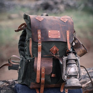 Green Brown Black Hiking Backpack  30 Liter to 80 Liter options waxed canvas and leather