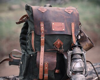 Green Brown Black Hiking Backpack  30 Liter to 80 Liter options waxed canvas and leather