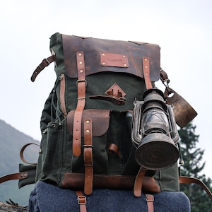 60L | Black-Brown-Green | Hiking Handmade Waxed Canvas Backpack | Daily Use | Bushcraft, Travel, Camping, Hunting, Fishing, Sports bag