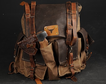 Handmade Leather and Waxed Canvas  Backpack for Travel bag, Camping bag, Military bag,Bushcraft backpack  | 37 to 40 Liter | Personalization