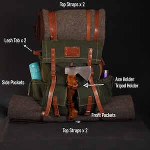 30L to 80L Camping Backpack Green, Brown, Dhaki Options  Handmade Leather, Canvas Backpack for Travel, Camping, Bushcraft, Hiking, Outdoor