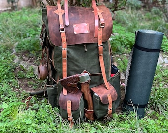Limited Bestseller Custom Genuine Green Waxed Canvas with Leather Details Backpack for Travel, Camping | 60 Liters | Personalization