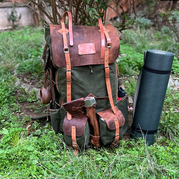 Limited Bestseller Custom Genuine Green Waxed Canvas with Leather Details Backpack for Travel, Camping | 60 Liters | Personalization