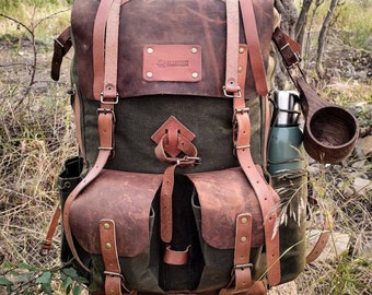 New Waxed Canvas and Leather Backpack, 30L to 80L Size Options, Green-Brown-Black-Blue color options, for Camping,Bushcraft, Hiking,Outdoor