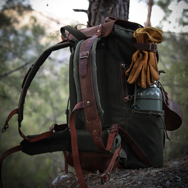 Limited Handmade Waxed Canvas Backpack | 50 L | Leather Backpack | Daily Use | Bushcraft, Travel, Camping, Hunting, Fishing, Sports bag