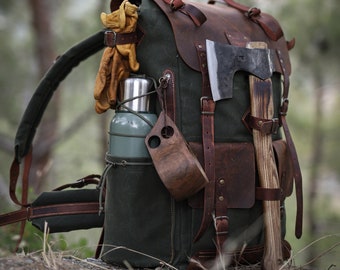 Black-Brown-Green | Bushcraft Handmade Waxed Canvas Backpack | 50 L | Daily Use | Bushcraft, Travel, Camping, Hunting, Fishing, Sports bag