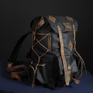 Hiking Backpack | Camping Backpack | Black-Brown-Black-White  | Waxed Canvas with Leather Details  | 50 L | Personalization