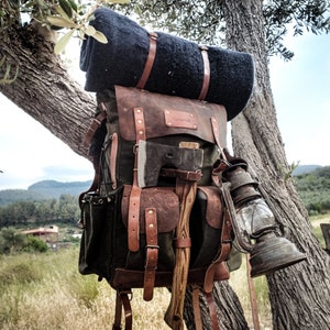 50L l Green-Brown-Black l Handmade Leather and Waxed Canvas Backpack l Bushcraft, Camping, Outdoor Backpack l Waist Belt-Shoulder Belt l