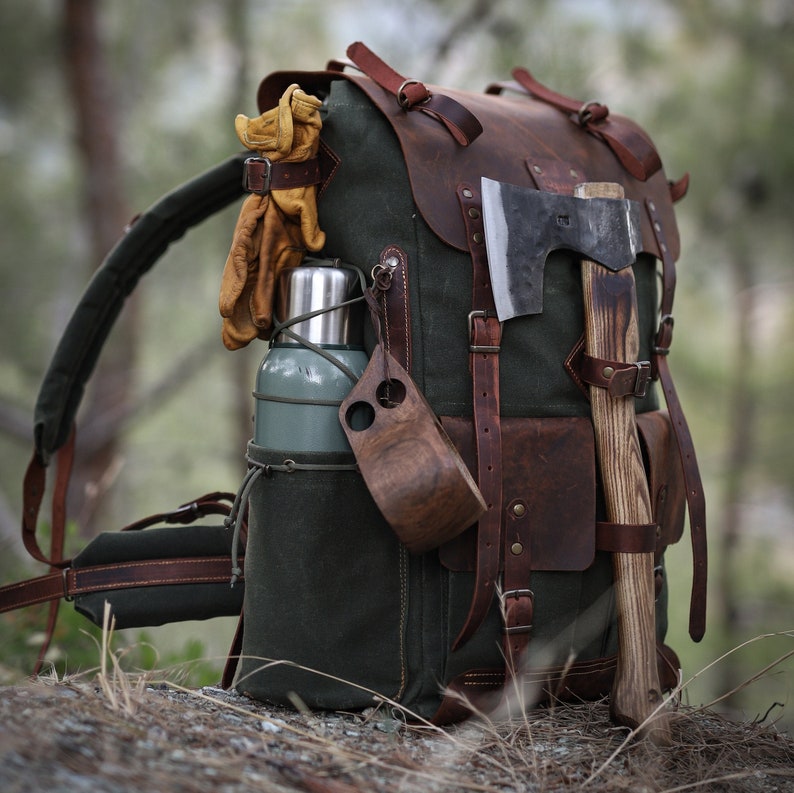 camping backpack, green camping backpack, 30 liter camping backpack, 40 liter camping backpack, 50 liter camping backpack, 60 liter camping backpack, 70 liter camping backpack, 80 liter camping backpack, leather canvas backpack, waxed canvas backpack