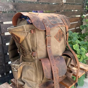 Handmade Waxed Canvas & Leather Bushcraft Backpack | Travel, Camping, Hiking, Outdoor Pack | Personalized Gift for Him