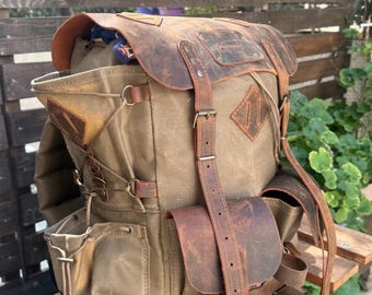 Handmade Waxed Canvas & Leather Bushcraft Backpack | Travel, Camping, Hiking, Outdoor Pack | Personalized Gift for Him
