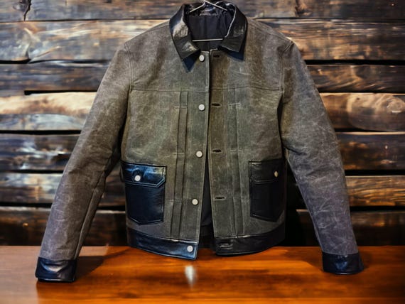 Waxed Canvas And Leather Jacket | Tailored to Your Size | Brown | Green | Black  | Leather Jacket | Canvas Jacket | Gifts For Men