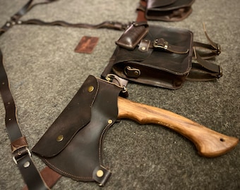 Bushcraft-gordelbretelset met personalisatie, dragende bushcraftriem, foerageertas, bijlhouder, heuptas