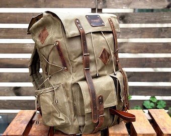 Limited | Green-Brown-Black-White | Waxed Canvas Backpack | 50 L | Personalize Backpack | Camping Backpack | Best gift for | Gift for Him