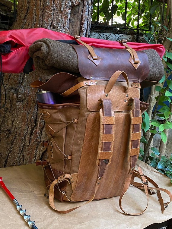 Leather-Canvas Backpack Hiking Backpack. Camping Backpack