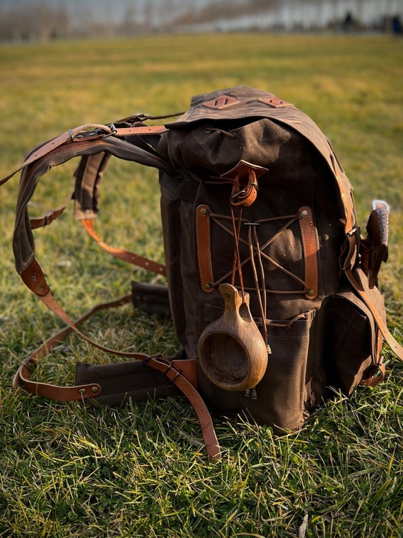 30L to 80L Artemis Camping Backpack Bushcraft Backpack Handmade Leather and Canvas Colors Brown Green Black Personalization Etsy