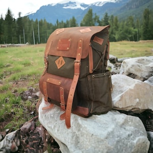 Hiking Backpack | Handmade Wax Canvas and Genuine Leather Backpack for Travel, Camping, Fishing | 50 Liters | Personalization