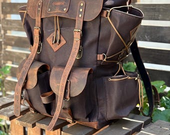 Benutzerdefinierte Reiserucksack | Handgefertigtes Gewachstes Canvas und Leder, 40L-50L Größenoptionen