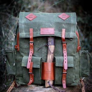 Handmade Genuine Green Leather and Waxed Canvas Backpack for Travel, Camping | 30 Liter | Personalization for your request