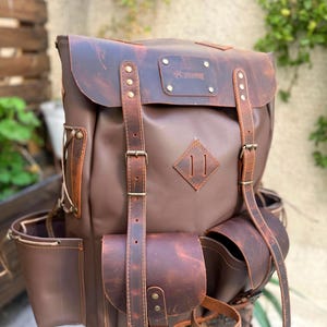 Black-Brown-Green-White | Camping Handmade Leather Backpack | 50 L | Daily Use | Bushcraft, Travel, Camping, Hunting, Fishing, Sports Bag