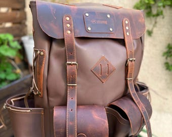 Black-Brown-Green-White | Camping Handmade Leather Backpack | 50 L | Daily Use | Bushcraft, Travel, Camping, Hunting, Fishing, Sports Bag