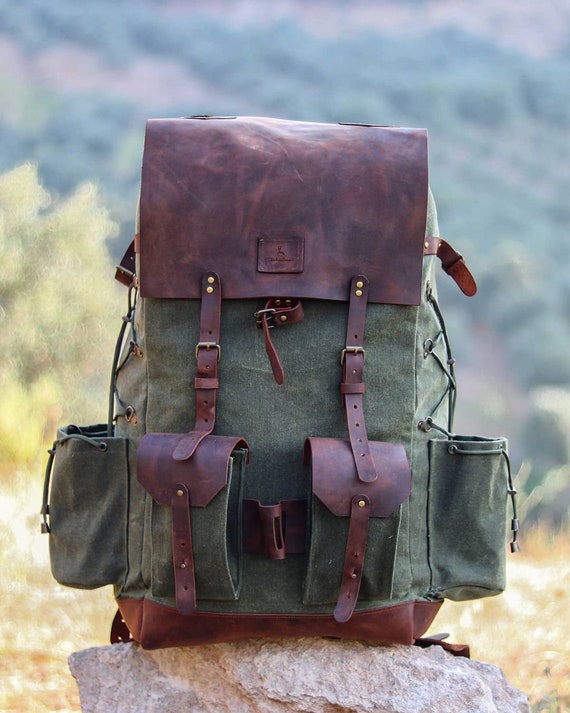 Handmade Genuine Green Leather and Waxed Canvas Backpack for 