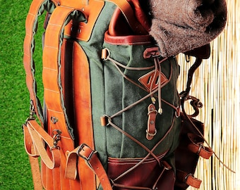 Travel Backpack | Daypack | Hiking Backpack | Trekking Backpack | Rucksack | Leather-Canvas Backpack | Leather | Handmade | Personalization