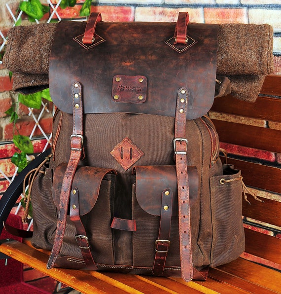 Hiking Backpack 30L to 80L options with Green Brown Black color options Leather and Canvas Backpack for Camping Bushcraft Hiking Travel Etsy