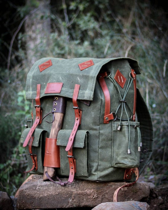 Handmade Genuine Green Leather and Waxed Canvas Backpack for 