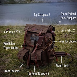 30 to 80 Liter Camping Backpack Handmade Leather and Waxed Canvas, Colors: Brown, Green, Black unlimited personalization