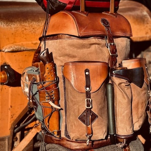 Handmade Leather and Waxed Backpack for Travel, Camping, Bushcraft, Hiking