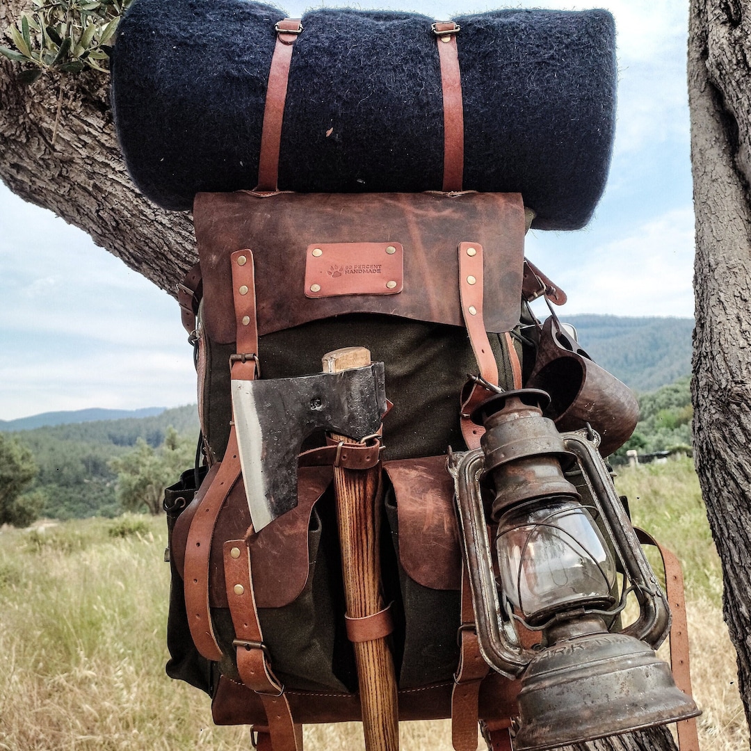Extra Large Camping Backpack With 80L to 30L Size Options, Handmade, Leather and Waxed Canvas